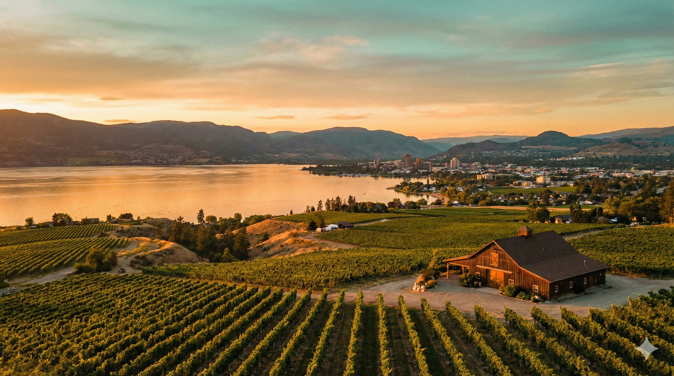 Kelowna Okanagan Lake with vineyards at sunset